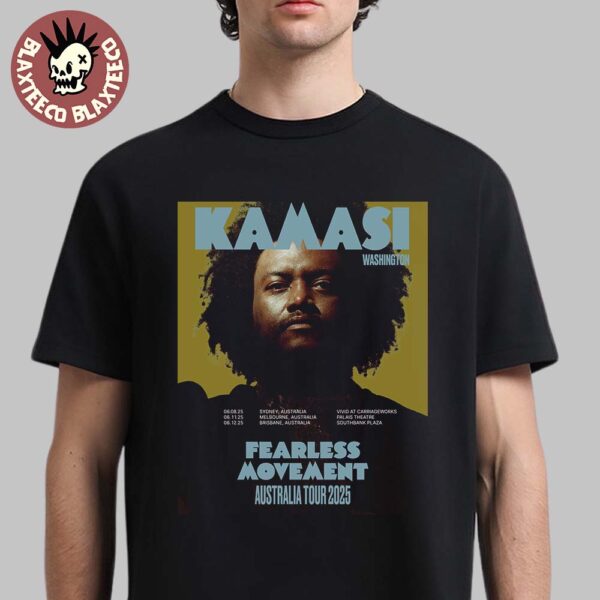 kamasi washington fearless movement australia tour 2025 poster with tour dates essentials t shirt 600x600 1.jpg